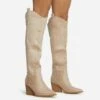 EGO Bulldoze Embroidered Detail Pointed Toe Block Heel Knee High Western Cowboy Long Boot In Khaki Nude Faux Suede -EGO Sales 28 10 22 fw23543 sq