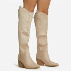 EGO Bulldoze Embroidered Detail Pointed Toe Block Heel Knee High Western Cowboy Long Boot In Khaki Nude Faux Suede