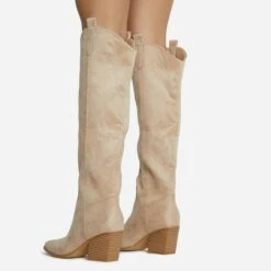 EGO Bulldoze Embroidered Detail Pointed Toe Block Heel Knee High Western Cowboy Long Boot In Khaki Nude Faux Suede -EGO Sales 28 10 22 fw23546 sq