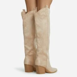 EGO Bulldoze Embroidered Detail Pointed Toe Block Heel Knee High Western Cowboy Long Boot In Khaki Nude Faux Suede -EGO Sales 28 10 22 fw23547 sq