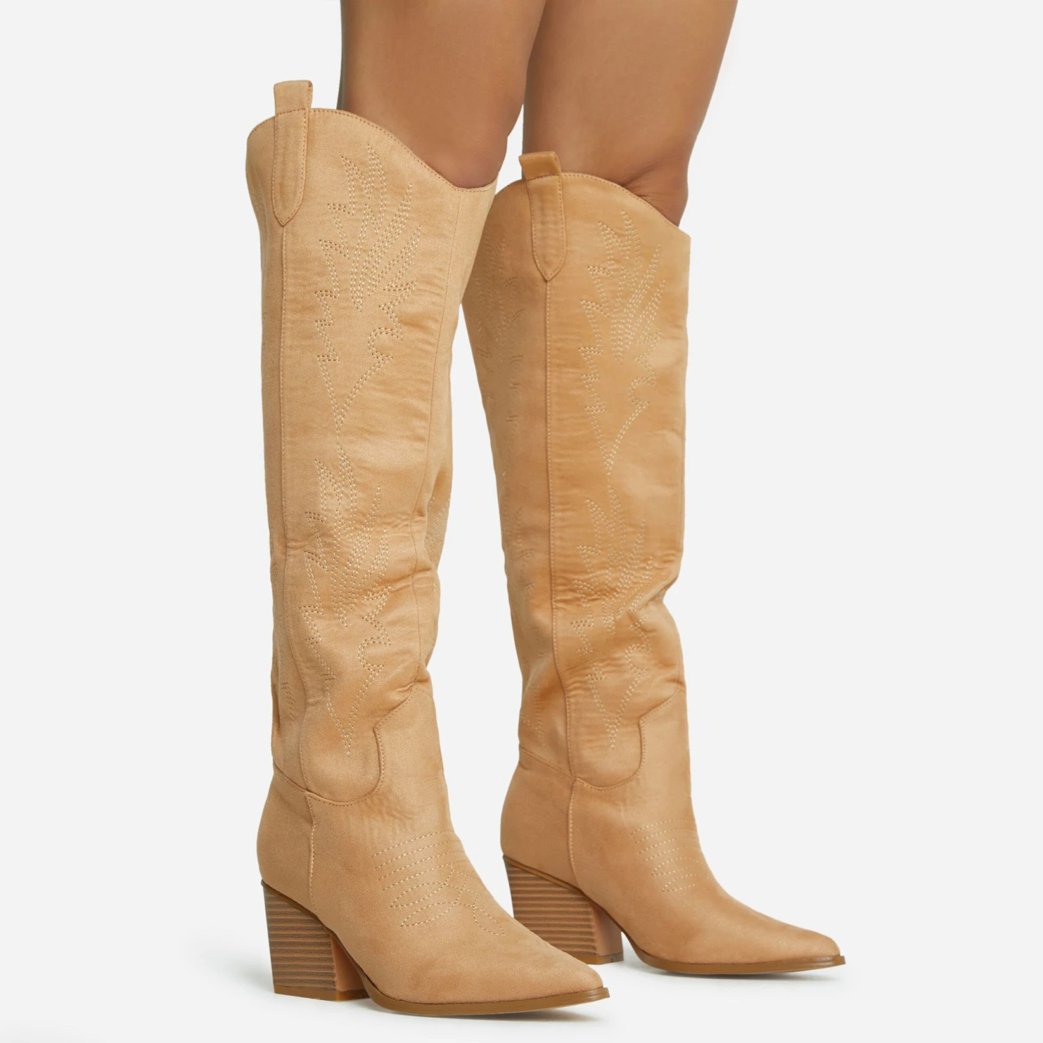 EGO Bulldoze Embroidered Detail Pointed Toe Block Heel Knee High Western Cowboy Long Boot In Camel Faux Suede 3 EGO Bulldoze Embroidered Detail Pointed Toe Block Heel Knee High Western Cowboy Long Boot In Camel Faux Suede