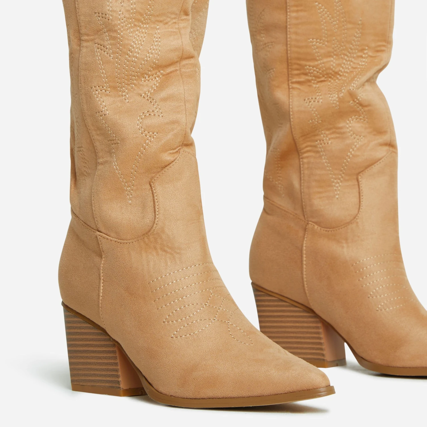 EGO Bulldoze Embroidered Detail Pointed Toe Block Heel Knee High Western Cowboy Long Boot In Camel Faux Suede 4 EGO Bulldoze Embroidered Detail Pointed Toe Block Heel Knee High Western Cowboy Long Boot In Camel Faux Suede - Image 2