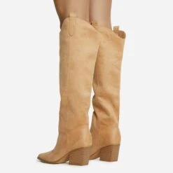 EGO Bulldoze Embroidered Detail Pointed Toe Block Heel Knee High Western Cowboy Long Boot In Camel Faux Suede 9 EGO Bulldoze Embroidered Detail Pointed Toe Block Heel Knee High Western Cowboy Long Boot In Camel Faux Suede -EGO Sales 28 10 22 fw23551 sq
