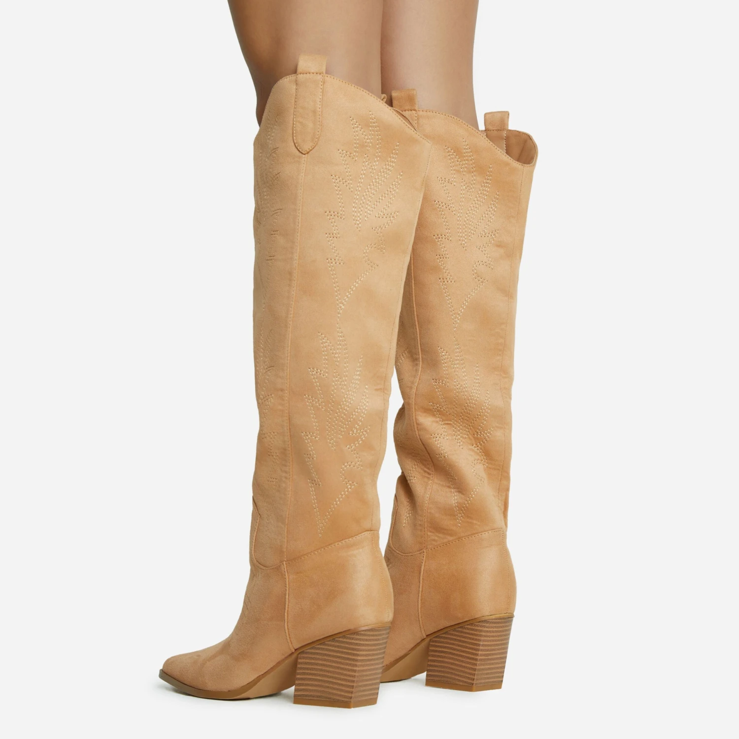 EGO Bulldoze Embroidered Detail Pointed Toe Block Heel Knee High Western Cowboy Long Boot In Camel Faux Suede 5 EGO Bulldoze Embroidered Detail Pointed Toe Block Heel Knee High Western Cowboy Long Boot In Camel Faux Suede - Image 3