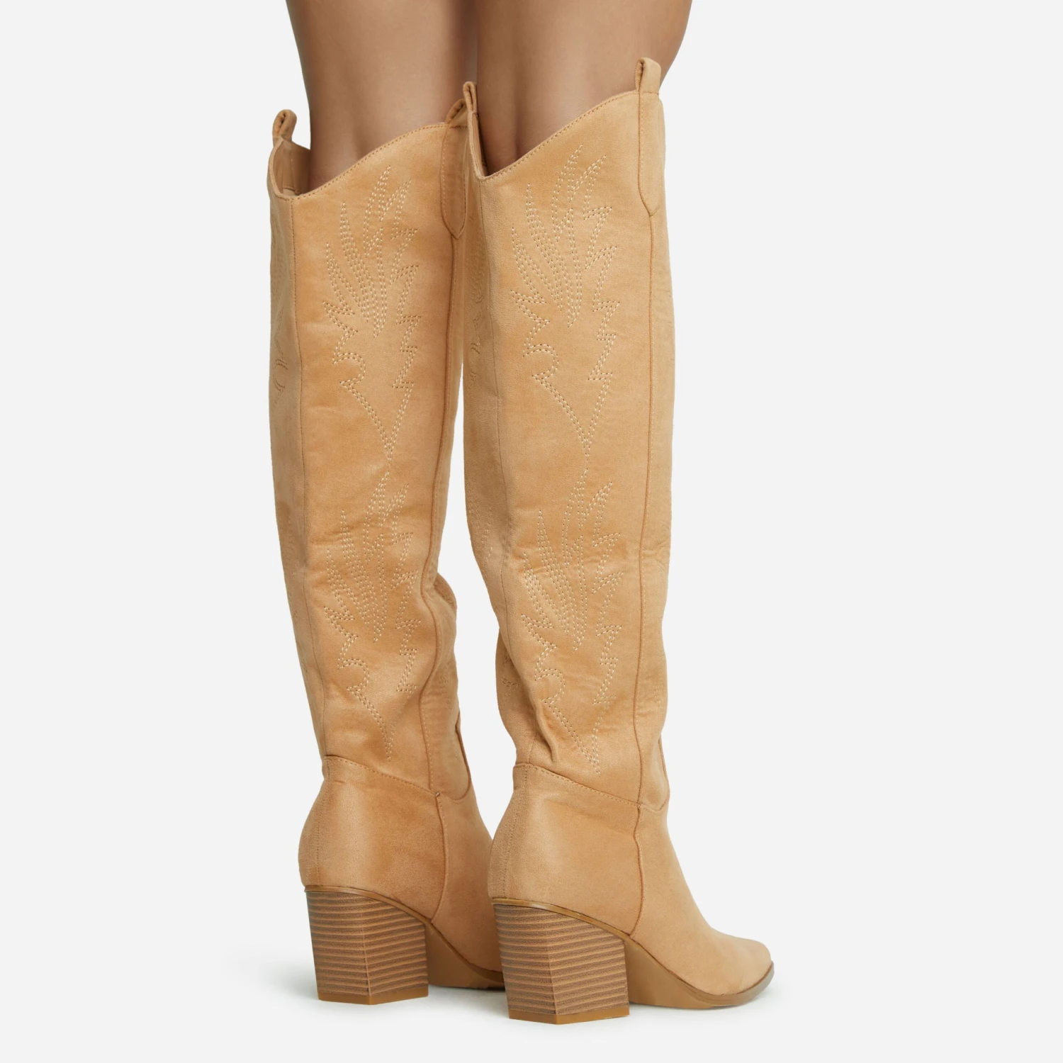 EGO Bulldoze Embroidered Detail Pointed Toe Block Heel Knee High Western Cowboy Long Boot In Camel Faux Suede 6 EGO Bulldoze Embroidered Detail Pointed Toe Block Heel Knee High Western Cowboy Long Boot In Camel Faux Suede - Image 4