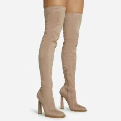 EGO Mamba Round Block Heel Over The Knee Thigh High Long Boot In Nude Faux Suede