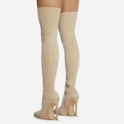 EGO Scream Pointed Toe Statement Platform Stiletto Heel Over The Knee Thigh High Long Boot In Nude Lycra -EGO Sales 28 10 22 fw23584 sq
