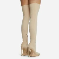 EGO Scream Pointed Toe Statement Platform Stiletto Heel Over The Knee Thigh High Long Boot In Nude Lycra -EGO Sales 28 10 22 fw23585 sq