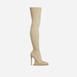 EGO Scream Pointed Toe Statement Platform Stiletto Heel Over The Knee Thigh High Long Boot In Nude Lycra -EGO Sales 28 10 22 fw23586 sq