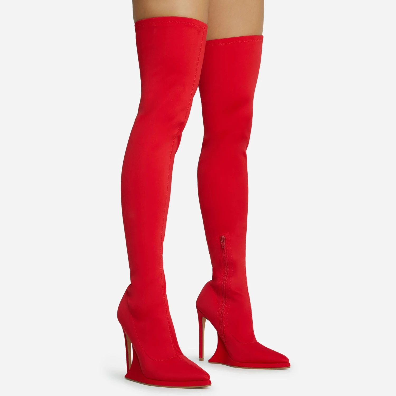 EGO Scream Pointed Toe Statement Platform Stiletto Heel Over The Knee Thigh High Long Boot In Red Lycra 3 EGO Scream Pointed Toe Statement Platform Stiletto Heel Over The Knee Thigh High Long Boot In Red Lycra