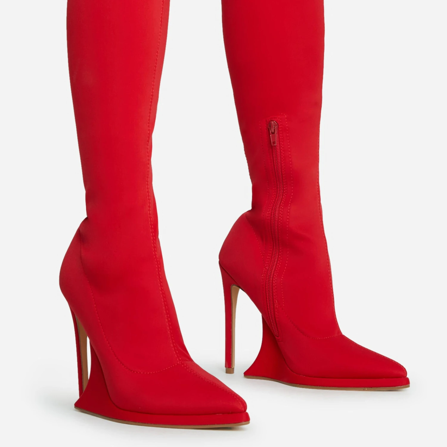 EGO Scream Pointed Toe Statement Platform Stiletto Heel Over The Knee Thigh High Long Boot In Red Lycra 4 EGO Scream Pointed Toe Statement Platform Stiletto Heel Over The Knee Thigh High Long Boot In Red Lycra - Image 2