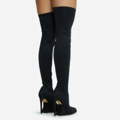 EGO Scream Pointed Toe Statement Platform Stiletto Heel Over The Knee Thigh High Long Boot In Black Lycra -EGO Sales 28 10 22 fw23597 sq