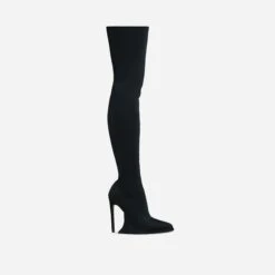 EGO Scream Pointed Toe Statement Platform Stiletto Heel Over The Knee Thigh High Long Boot In Black Lycra -EGO Sales 28 10 22 fw23598 sq