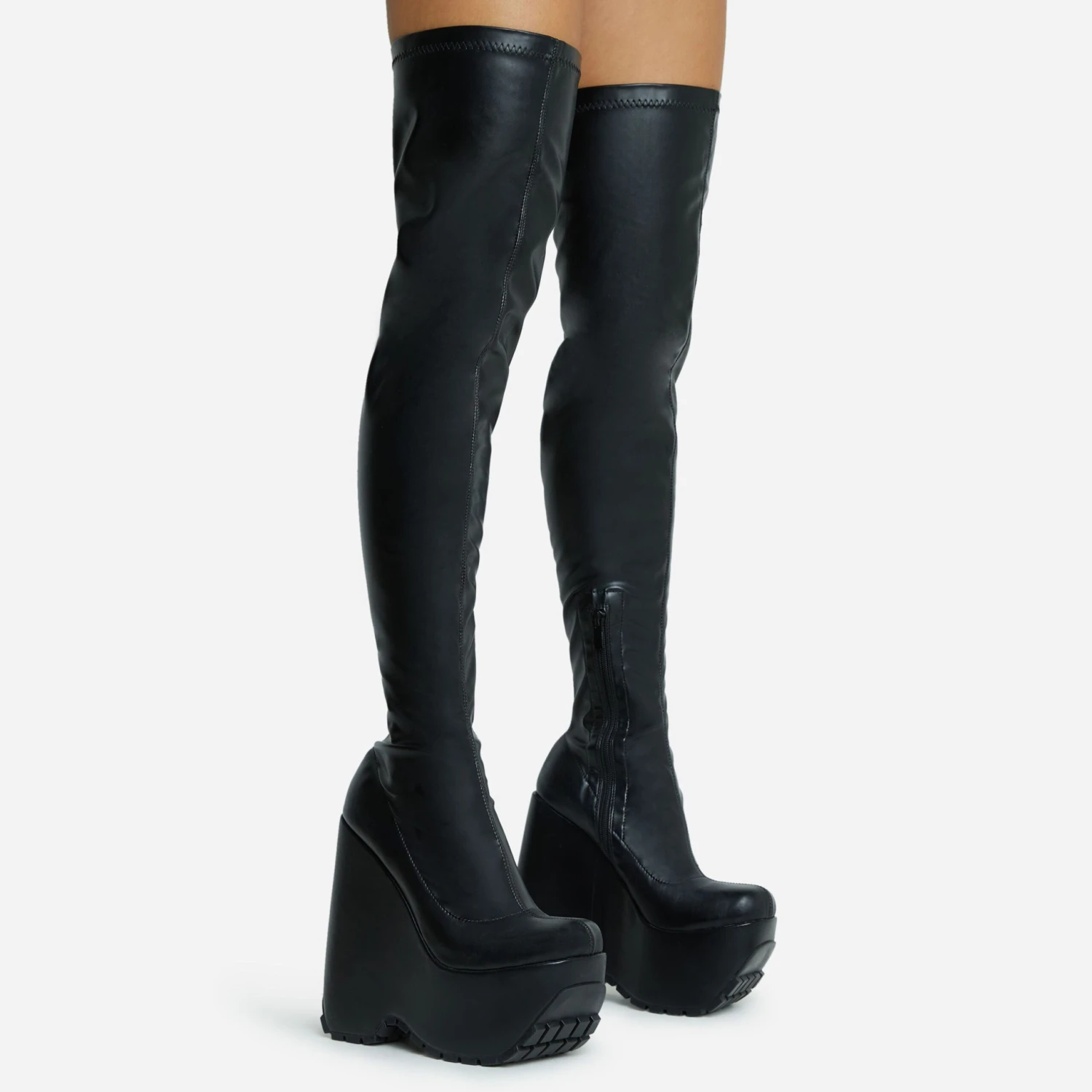 EGO Alucard Square Toe Chunky Platform Wedge Over The Knee Thigh High Sock Boot In Black Faux Leather 3 EGO Alucard Square Toe Chunky Platform Wedge Over The Knee Thigh High Sock Boot In Black Faux Leather