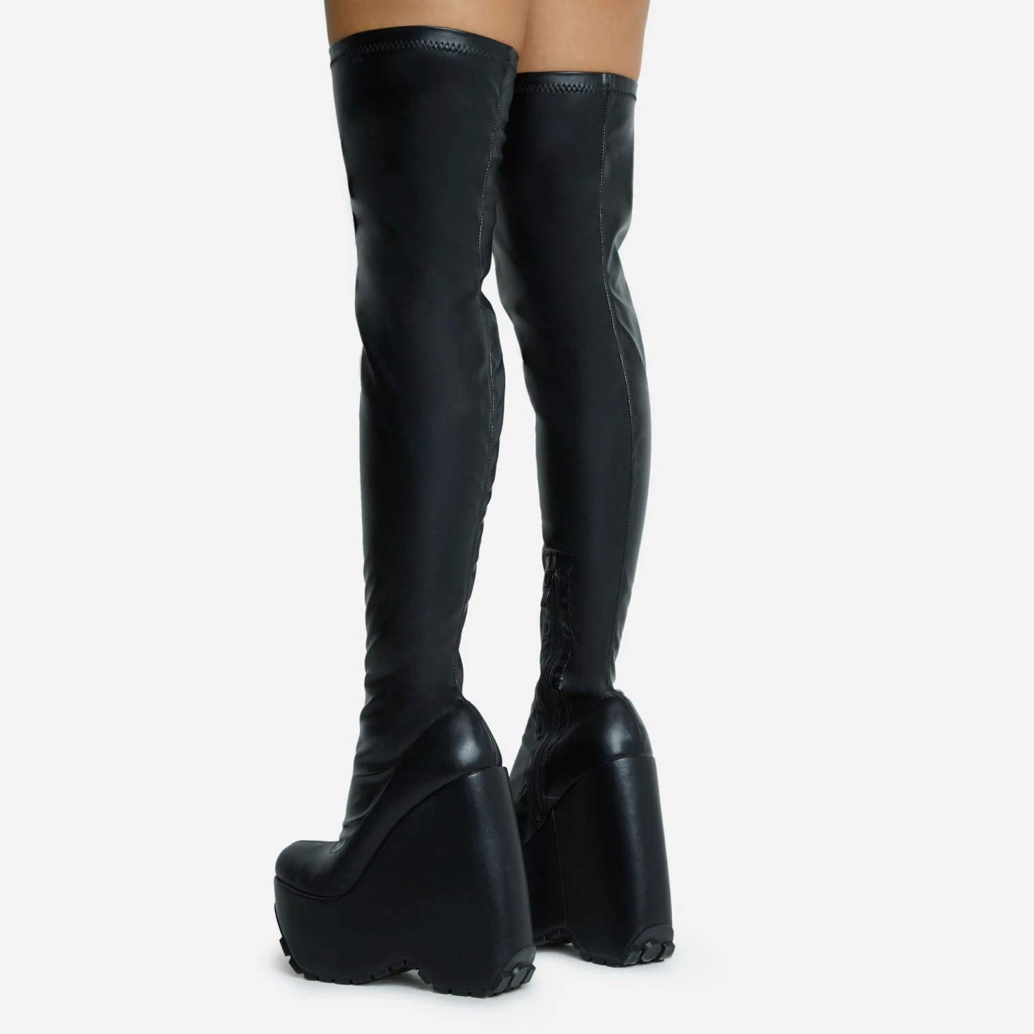 EGO Alucard Square Toe Chunky Platform Wedge Over The Knee Thigh High Sock Boot In Black Faux Leather 5 EGO Alucard Square Toe Chunky Platform Wedge Over The Knee Thigh High Sock Boot In Black Faux Leather - Image 3