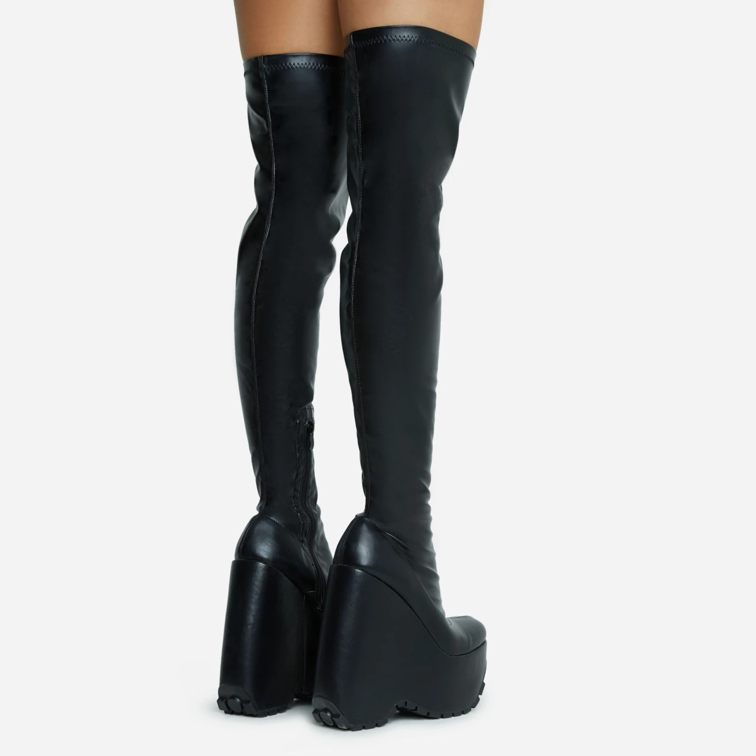 EGO Alucard Square Toe Chunky Platform Wedge Over The Knee Thigh High Sock Boot In Black Faux Leather 6 EGO Alucard Square Toe Chunky Platform Wedge Over The Knee Thigh High Sock Boot In Black Faux Leather - Image 4
