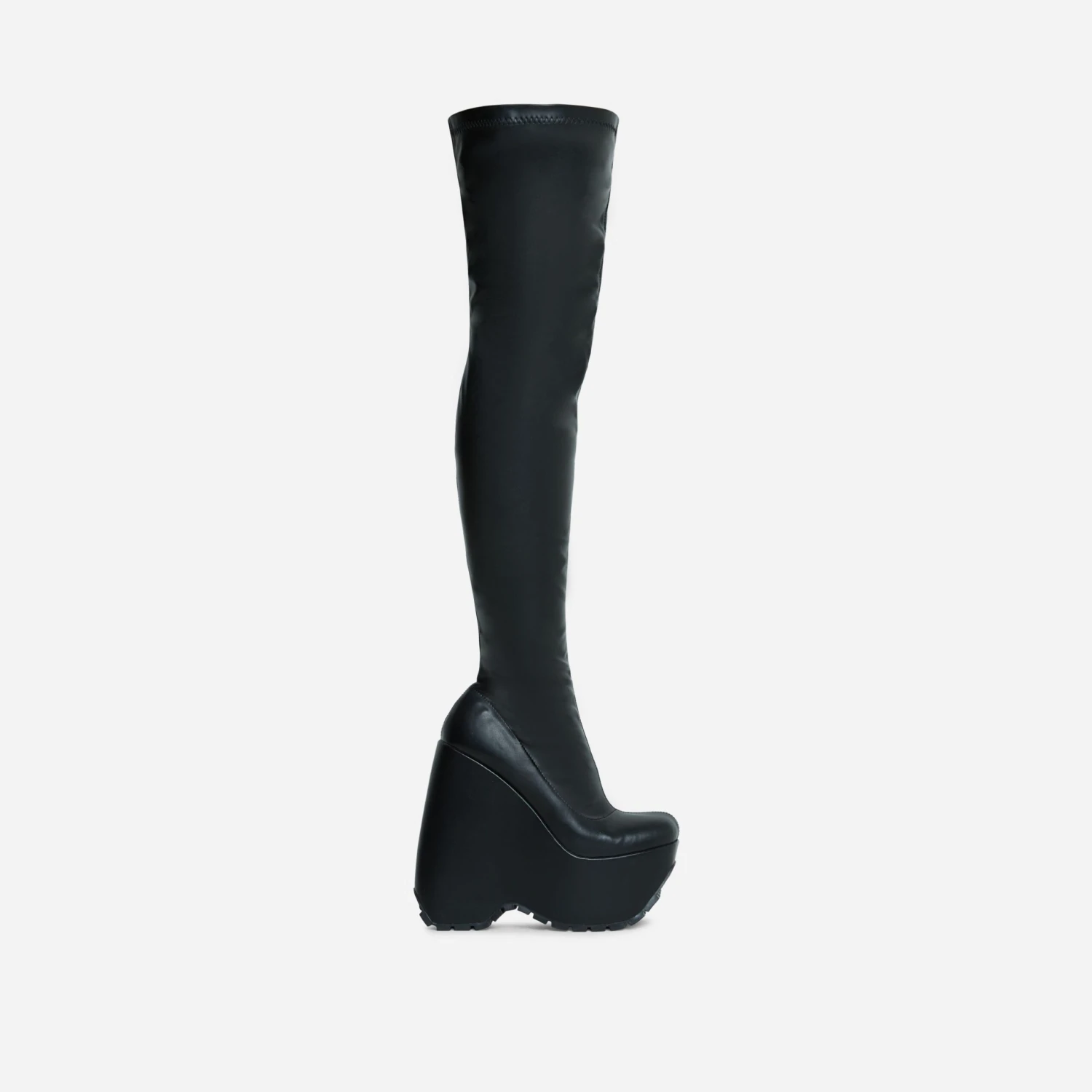 EGO Alucard Square Toe Chunky Platform Wedge Over The Knee Thigh High Sock Boot In Black Faux Leather 7 EGO Alucard Square Toe Chunky Platform Wedge Over The Knee Thigh High Sock Boot In Black Faux Leather - Image 5