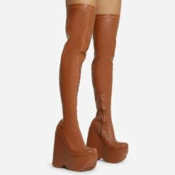 EGO Alucard Square Toe Chunky Platform Wedge Over The Knee Thigh High Sock Boot In Tan Brown Faux Leather