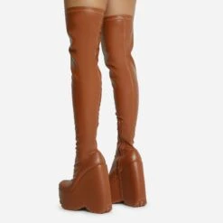EGO Alucard Square Toe Chunky Platform Wedge Over The Knee Thigh High Sock Boot In Tan Brown Faux Leather -EGO Sales 28 10 22 fw23615 sq