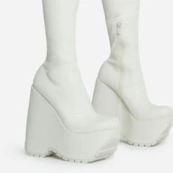 EGO Alucard Square Toe Chunky Platform Wedge Over The Knee Thigh High Sock Boot In Cream Faux Leather -EGO Sales 28 10 22 fw23620 sq