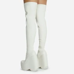 EGO Alucard Square Toe Chunky Platform Wedge Over The Knee Thigh High Sock Boot In Cream Faux Leather -EGO Sales 28 10 22 fw23621 sq