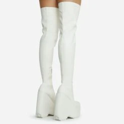EGO Alucard Square Toe Chunky Platform Wedge Over The Knee Thigh High Sock Boot In Cream Faux Leather -EGO Sales 28 10 22 fw23622 sq