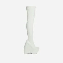 EGO Alucard Square Toe Chunky Platform Wedge Over The Knee Thigh High Sock Boot In Cream Faux Leather -EGO Sales 28 10 22 fw23623 sq