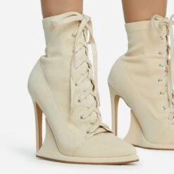 EGO Porto-Bonito Lace Up Pointed Toe Statement Platform Stiletto Heel Ankle Boot In Cream Faux Suede -EGO Sales 28 10 22 fw23636 sq
