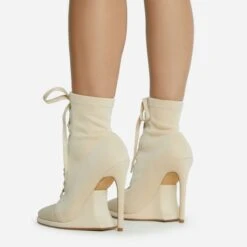 EGO Porto-Bonito Lace Up Pointed Toe Statement Platform Stiletto Heel Ankle Boot In Cream Faux Suede -EGO Sales 28 10 22 fw23637 sq