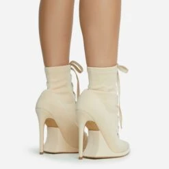 EGO Porto-Bonito Lace Up Pointed Toe Statement Platform Stiletto Heel Ankle Boot In Cream Faux Suede -EGO Sales 28 10 22 fw23638 sq