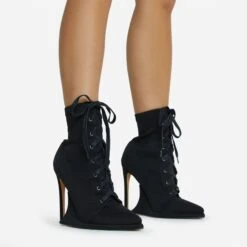 EGO Porto-Bonito Lace Up Pointed Toe Statement Platform Stiletto Heel Ankle Boot In Black Faux Suede