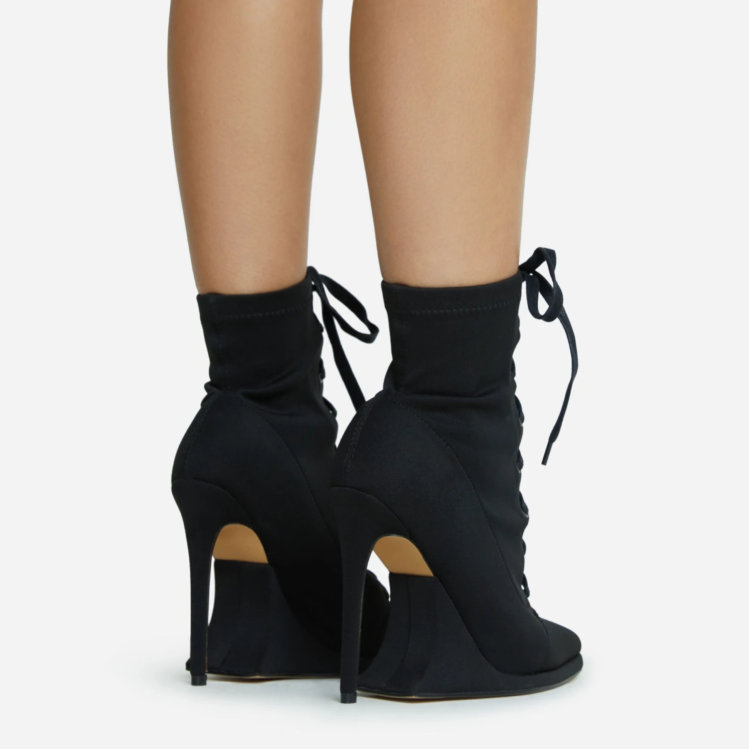 EGO Porto-Bonito Lace Up Pointed Toe Statement Platform Stiletto Heel Ankle Boot In Black Faux Suede 6 EGO Porto-Bonito Lace Up Pointed Toe Statement Platform Stiletto Heel Ankle Boot In Black Faux Suede - Image 4