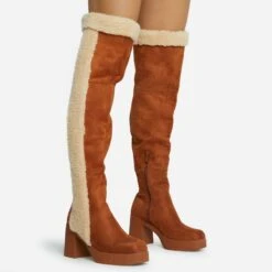 EGO Top-Tier Faux Shearling Detail Over The Knee Thigh High Long Boot In Tan Brown Faux Suede
