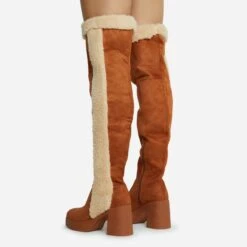 EGO Top-Tier Faux Shearling Detail Over The Knee Thigh High Long Boot In Tan Brown Faux Suede -EGO Sales 28 10 22 fw23649 sq