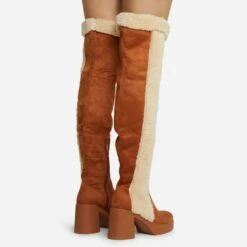EGO Top-Tier Faux Shearling Detail Over The Knee Thigh High Long Boot In Tan Brown Faux Suede -EGO Sales 28 10 22 fw23650 sq