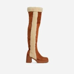 EGO Top-Tier Faux Shearling Detail Over The Knee Thigh High Long Boot In Tan Brown Faux Suede -EGO Sales 28 10 22 fw23651 sq