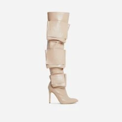 EGO Level-Up Pocket Detail Pointed Toe Stiletto Heel Over The Knee Thigh High Long Boot In Nude Croc Print Faux Leather -EGO Sales 28 10 22 fw23672 sq