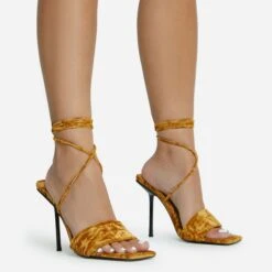 EGO Tribute-To Lace Up Open Square Toe Stiletto Heel In Mustard Velvet