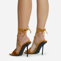 EGO Tribute-To Lace Up Open Square Toe Stiletto Heel In Mustard Velvet -EGO Sales 28 10 22 fw23731 sq