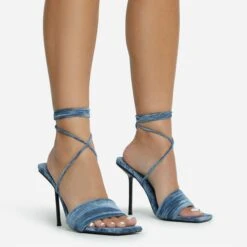 EGO Tribute-To Lace Up Open Square Toe Stiletto Heel In Blue Velvet