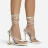 EGO Isla Lace Up Iridescent Star Detail Square Toe Statement Heel In White Faux Leather