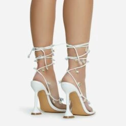 EGO Isla Lace Up Iridescent Star Detail Square Toe Statement Heel In White Faux Leather -EGO Sales 28 10 22 fw23765 sq