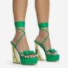 EGO Driving-Me-Crazy Lace Up Bow Detail Platform Metallic Flared Block Heel In Green Faux Leather -EGO Sales 28 10 22 fw23766 sq