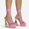 EGO Driving-Me-Crazy Lace Up Bow Detail Platform Metallic Flared Block Heel In Pink Faux Leather -EGO Sales 28 10 22 fw23771 sq