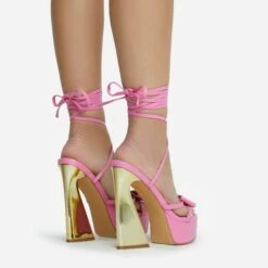 EGO Driving-Me-Crazy Lace Up Bow Detail Platform Metallic Flared Block Heel In Pink Faux Leather -EGO Sales 28 10 22 fw23775 sq