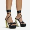 EGO Driving-Me-Crazy Lace Up Bow Detail Platform Metallic Flared Block Heel In Black Faux Leather -EGO Sales 28 10 22 fw23776 sq