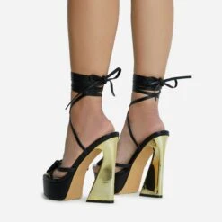 EGO Driving-Me-Crazy Lace Up Bow Detail Platform Metallic Flared Block Heel In Black Faux Leather -EGO Sales 28 10 22 fw23779 sq