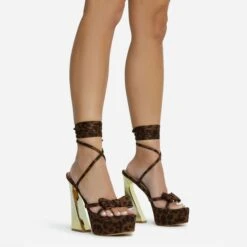EGO Driving-Me-Crazy Lace Up Bow Detail Platform Metallic Flared Block Heel In Leopard Print Faux Suede
