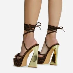 EGO Driving-Me-Crazy Lace Up Bow Detail Platform Metallic Flared Block Heel In Leopard Print Faux Suede -EGO Sales 28 10 22 fw23784 sq