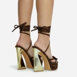 EGO Driving-Me-Crazy Lace Up Bow Detail Platform Metallic Flared Block Heel In Leopard Print Faux Suede -EGO Sales 28 10 22 fw23785 sq